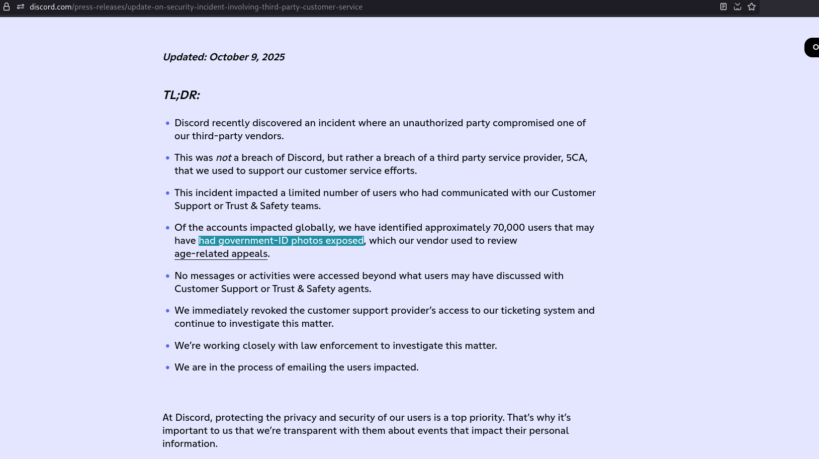 Discord Blog post about them breaching 70k government issued IDs linked to Discord accounts